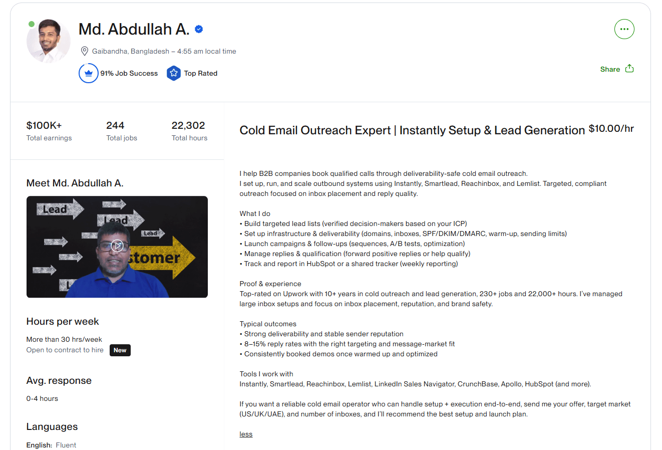 আব্দুল্লাহ আল মাসুমের Upwork প্রোফাইল: Top Rated, $100K+ lifetime earnings, ২৪৪টি কাজ, ২২,৩০২ ঘণ্টা